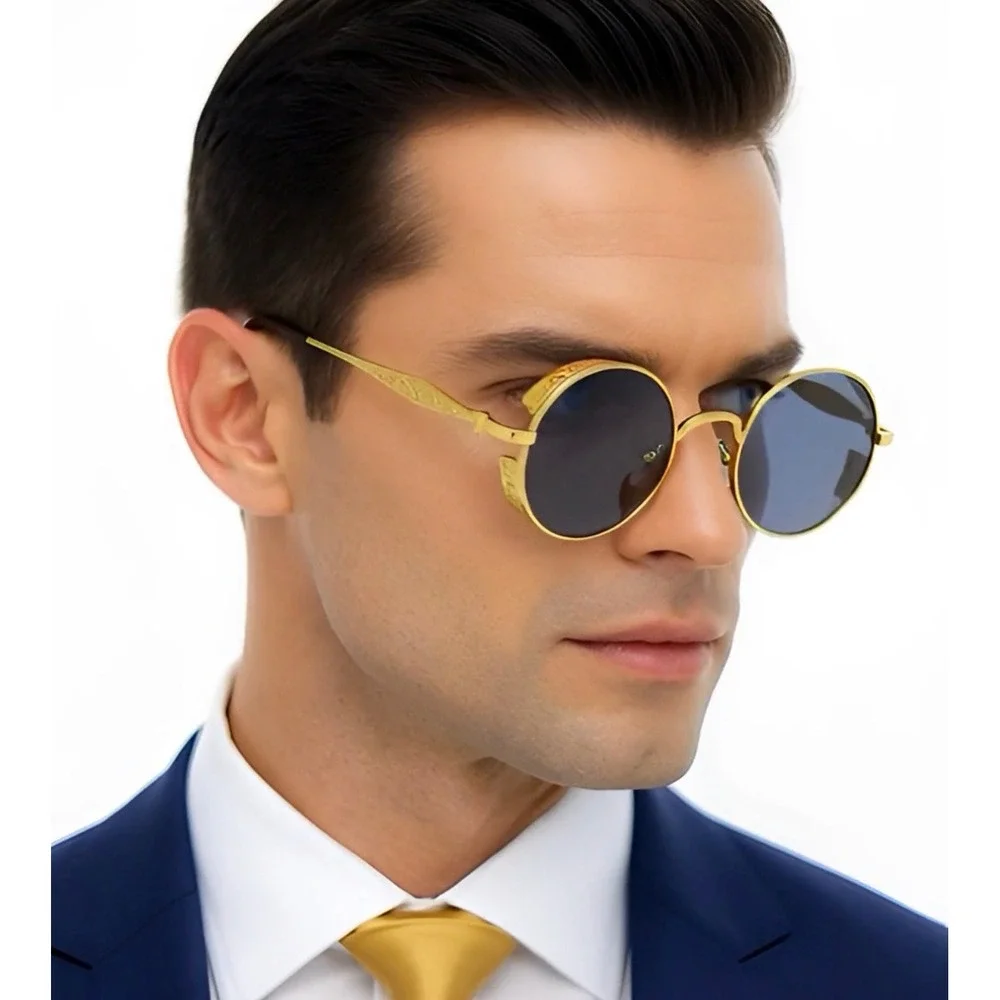 Round Steampunk Sunglasses Men's Gold‎ Frame Designer Fashion Shades Hip Hop New